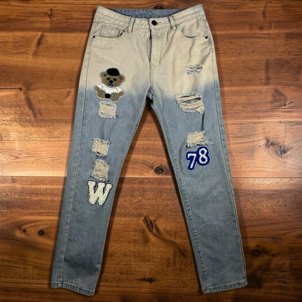Men's Teddy Bear Patchwork Distressed Varsity Two Tone Jeans Sz 32 Streetwear